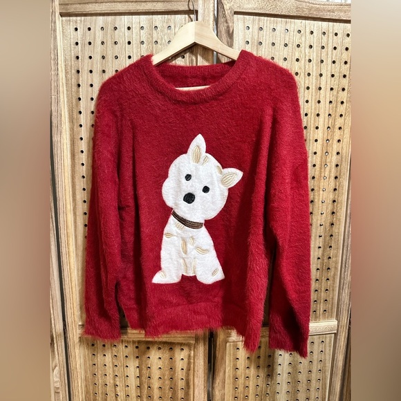 ROUND NECK FUZZY PUPPY KNIT LONG SLEEVE SWEATER OVERSIZED COMFY CUTE RED WHITE - Picture 3 of 5